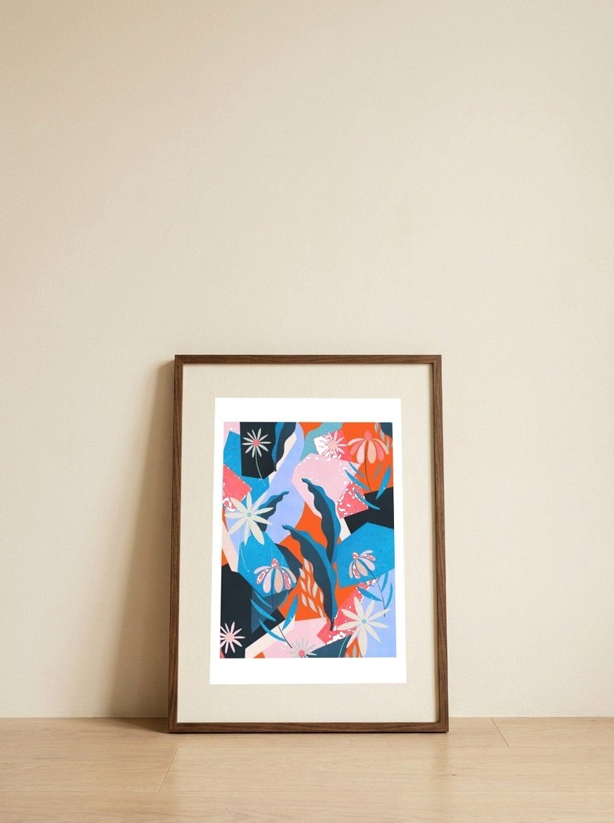 Blue, orange and pink — framed, leaning against the wall