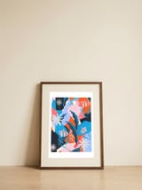 Blue, orange and pink — framed, leaning against the wall thumbnail
