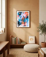 Blue, orange and pink framed in a gentle room thumbnail