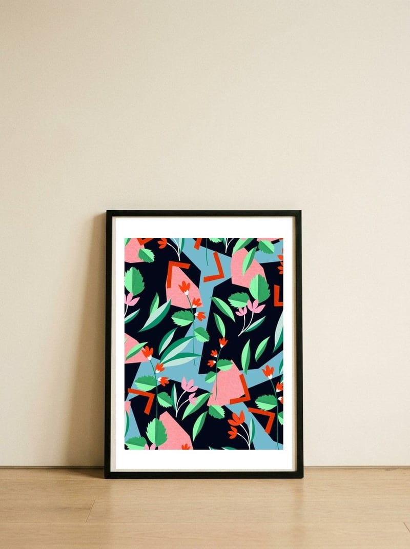 geometric flower — framed, leaning against the wall