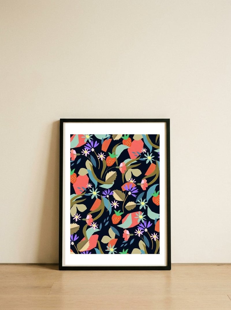 strawberry flower — framed, leaning against the wall