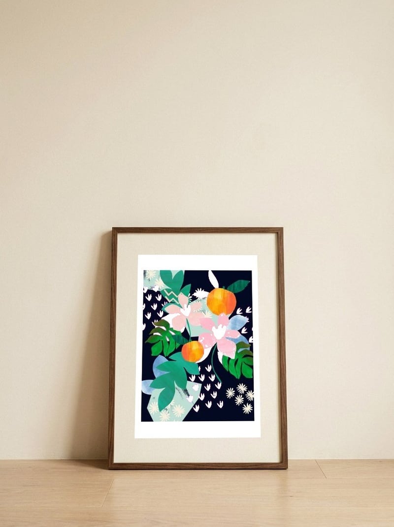 Orange tropical — framed, leaning against the wall