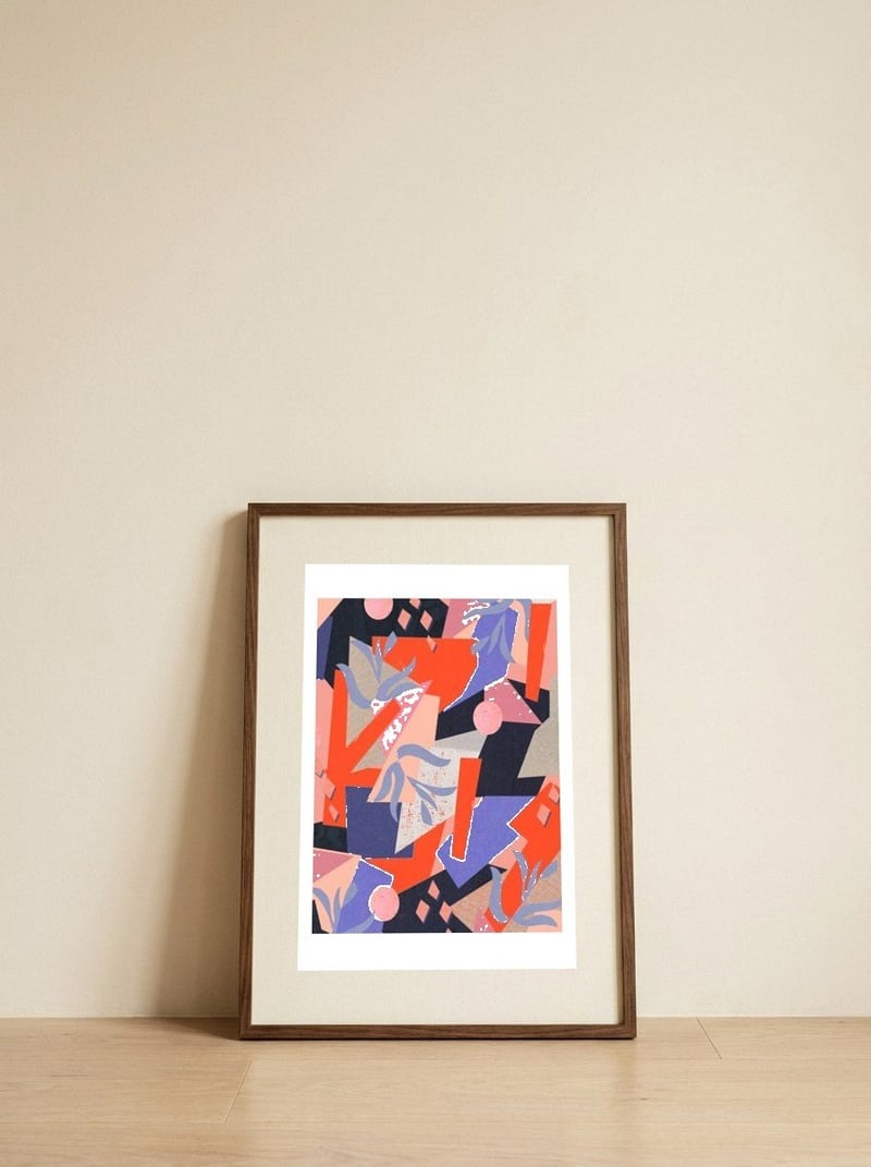 Sunset abstract — framed, leaning against the wall