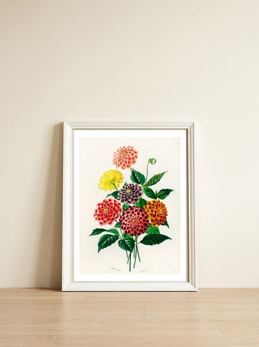 Dahlia illustrated — framed, leaning against the wall
