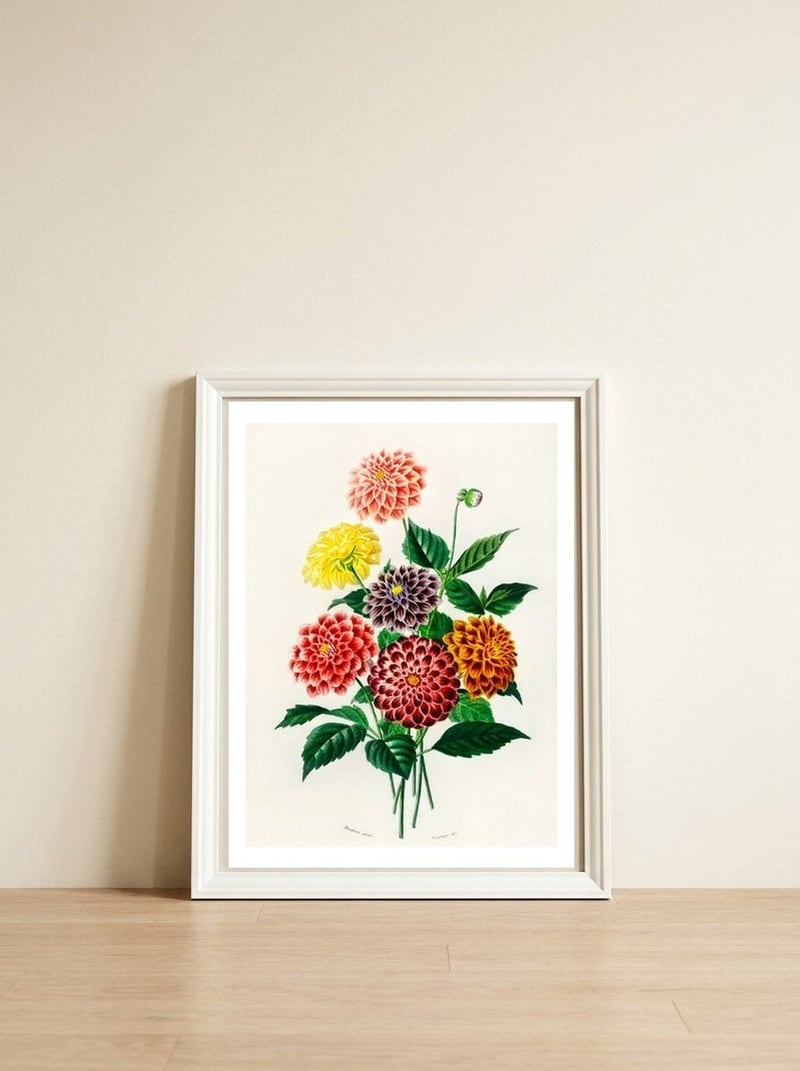 Dahlia illustrated — framed, leaning against the wall