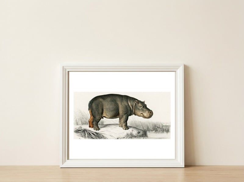 Hippopotamus illustrated — framed, leaning against the wall