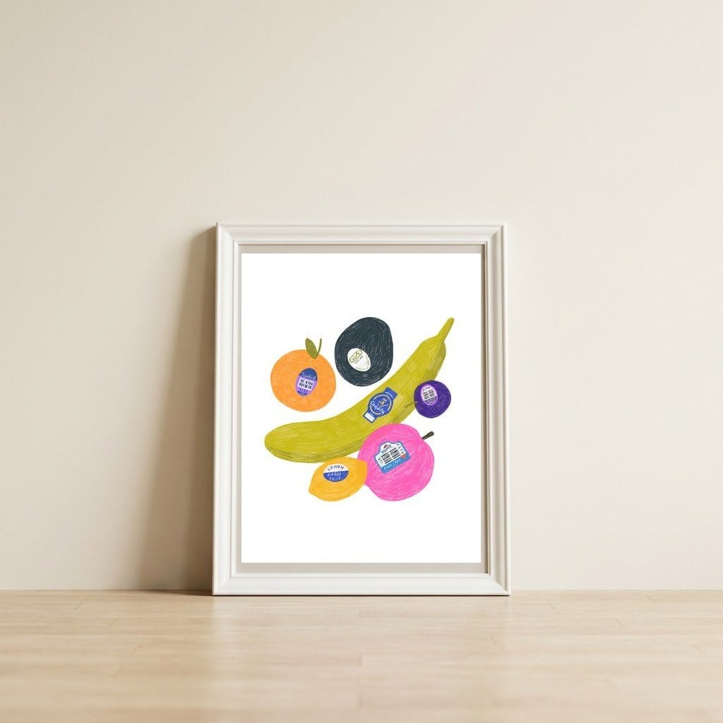 Fruit Stickers Square — framed, leaning against the wall