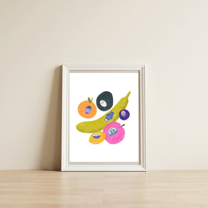 Fruit Stickers Square — framed, leaning against the wall