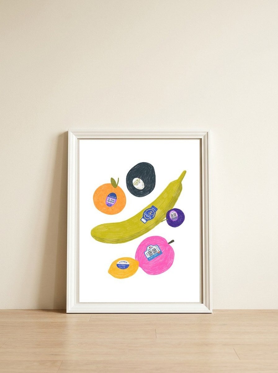 Fruit Stickers — framed, leaning against the wall