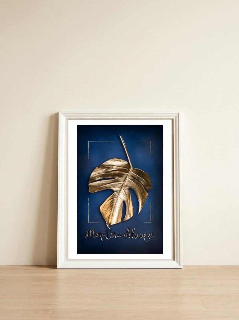 Golden Monstera — framed, leaning against the wall