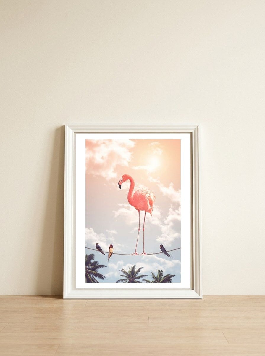 Flamingo & Friends — framed, leaning against the wall