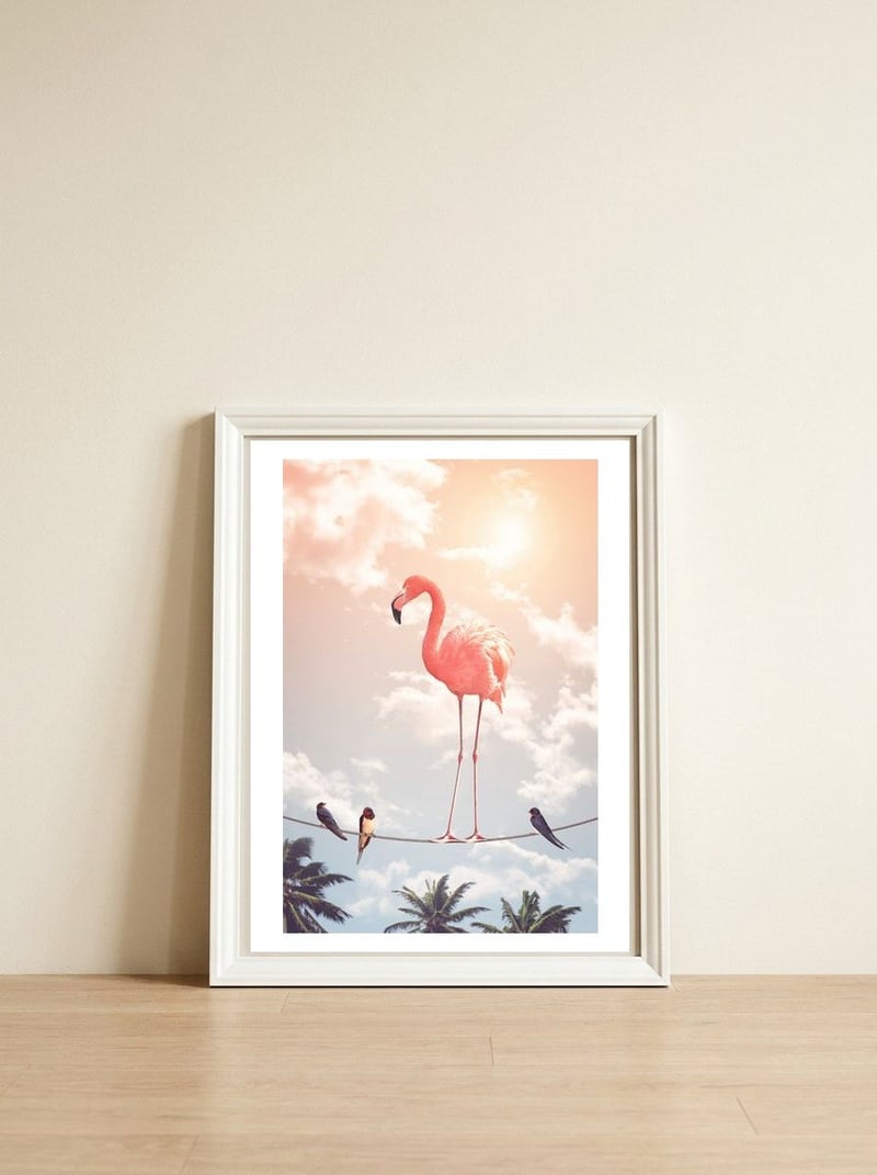 Flamingo & Friends — framed, leaning against the wall
