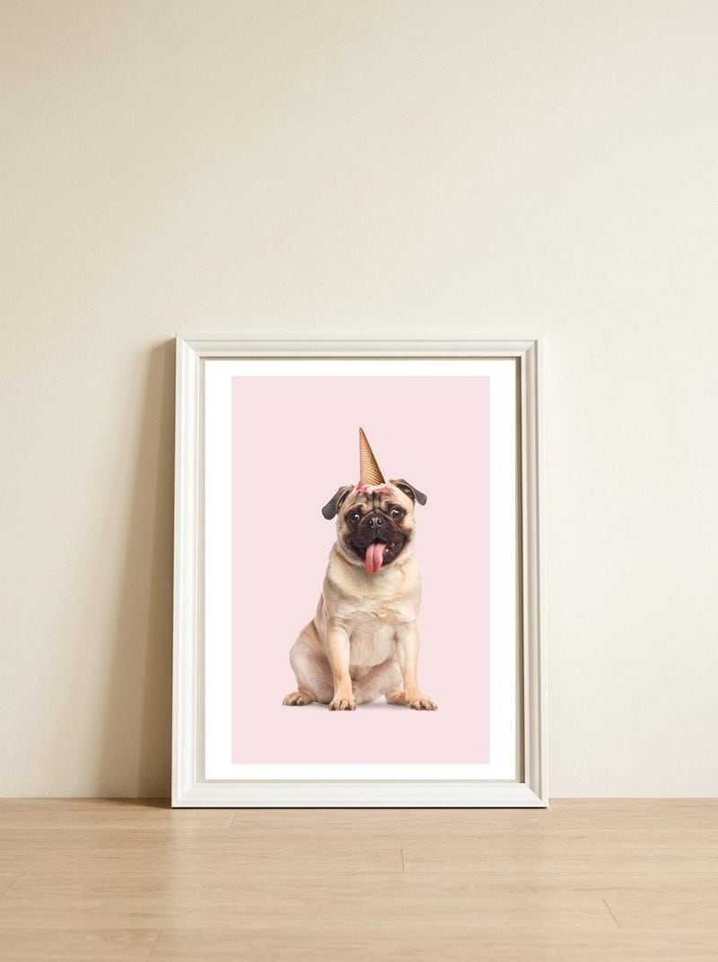 Pugicorn — framed, leaning against the wall
