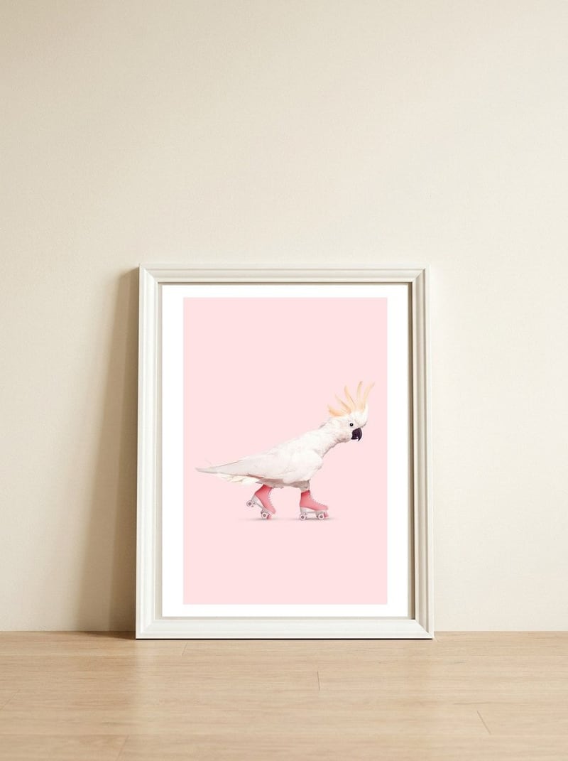 Rollerskating Cockatoo — framed, leaning against the wall