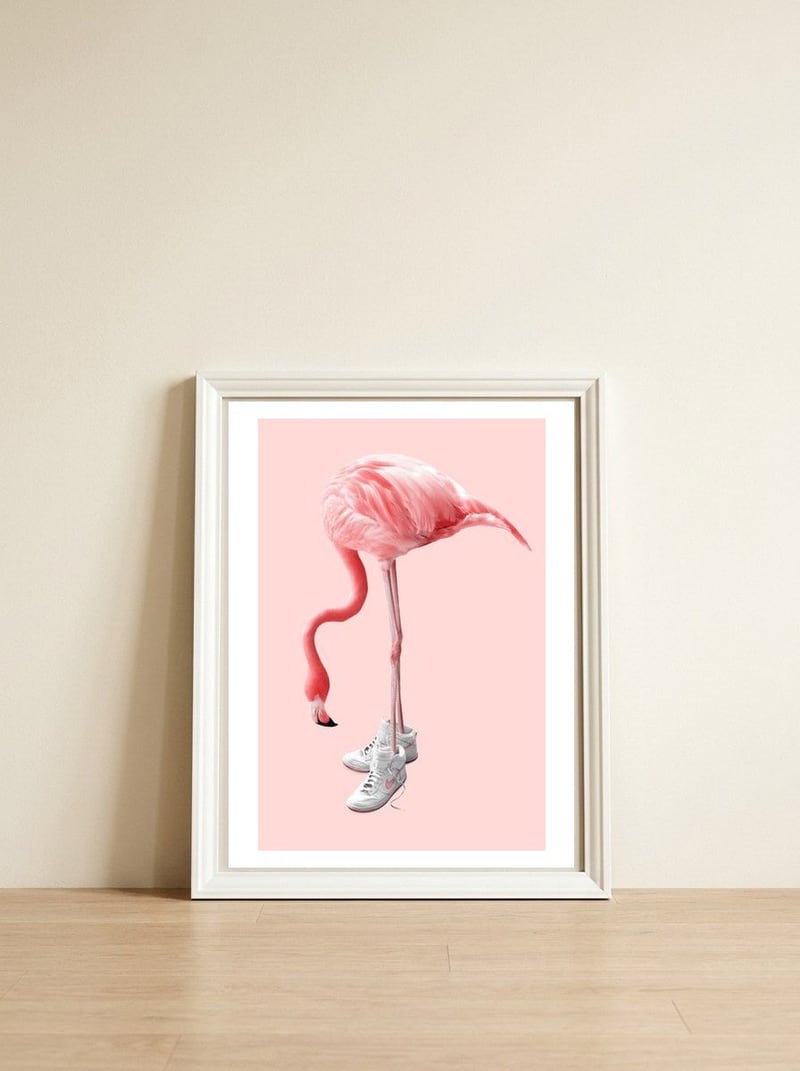 Sneaker Flamingo — framed, leaning against the wall