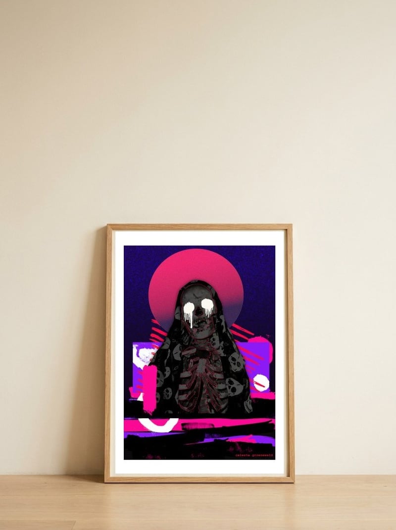 St Death — framed, leaning against the wall