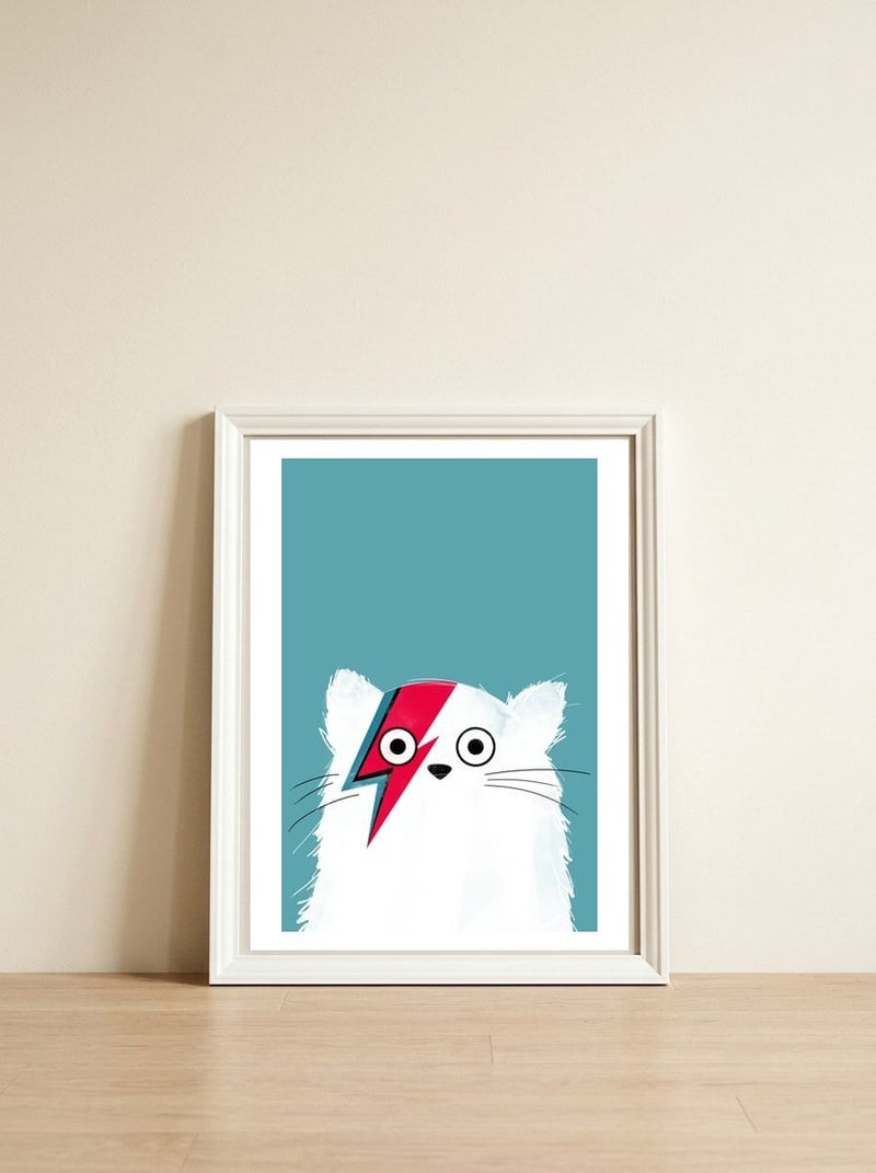 Doozal Cat Bowie White — framed, leaning against the wall