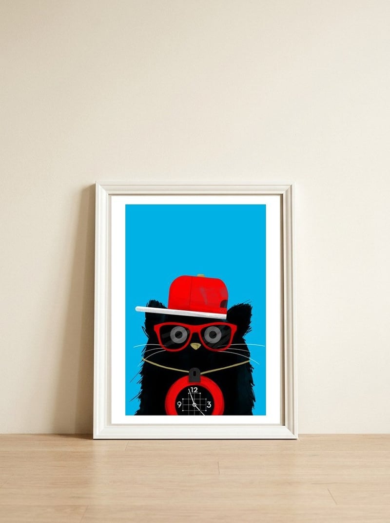 Doozal Cat Flavor Flav — framed, leaning against the wall
