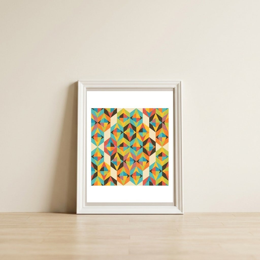 Retro Color Block Kaleidoscopic — framed, leaning against the wall