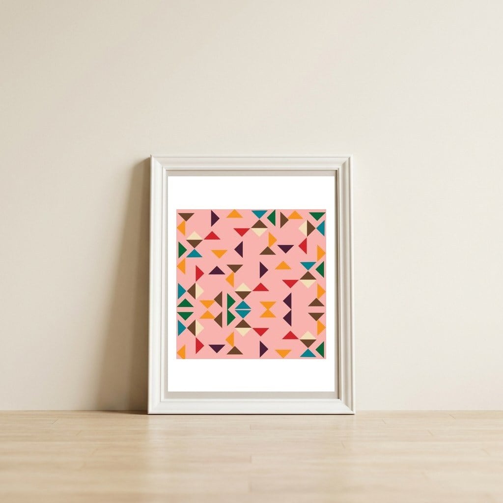 Kilim Pink Triangle Pattern — framed, leaning against the wall