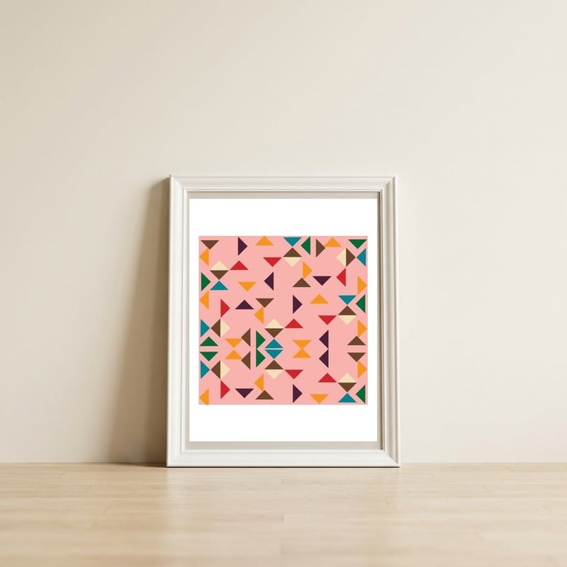 Kilim Pink Triangle Pattern — framed, leaning against the wall