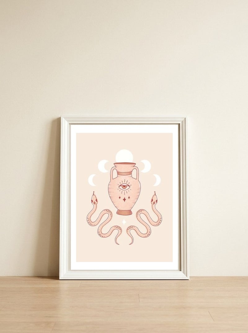 Terracotta Snakes — framed, leaning against the wall