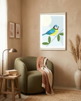 Mid Century Geometric Blue Tit framed in a tender room thumbnail