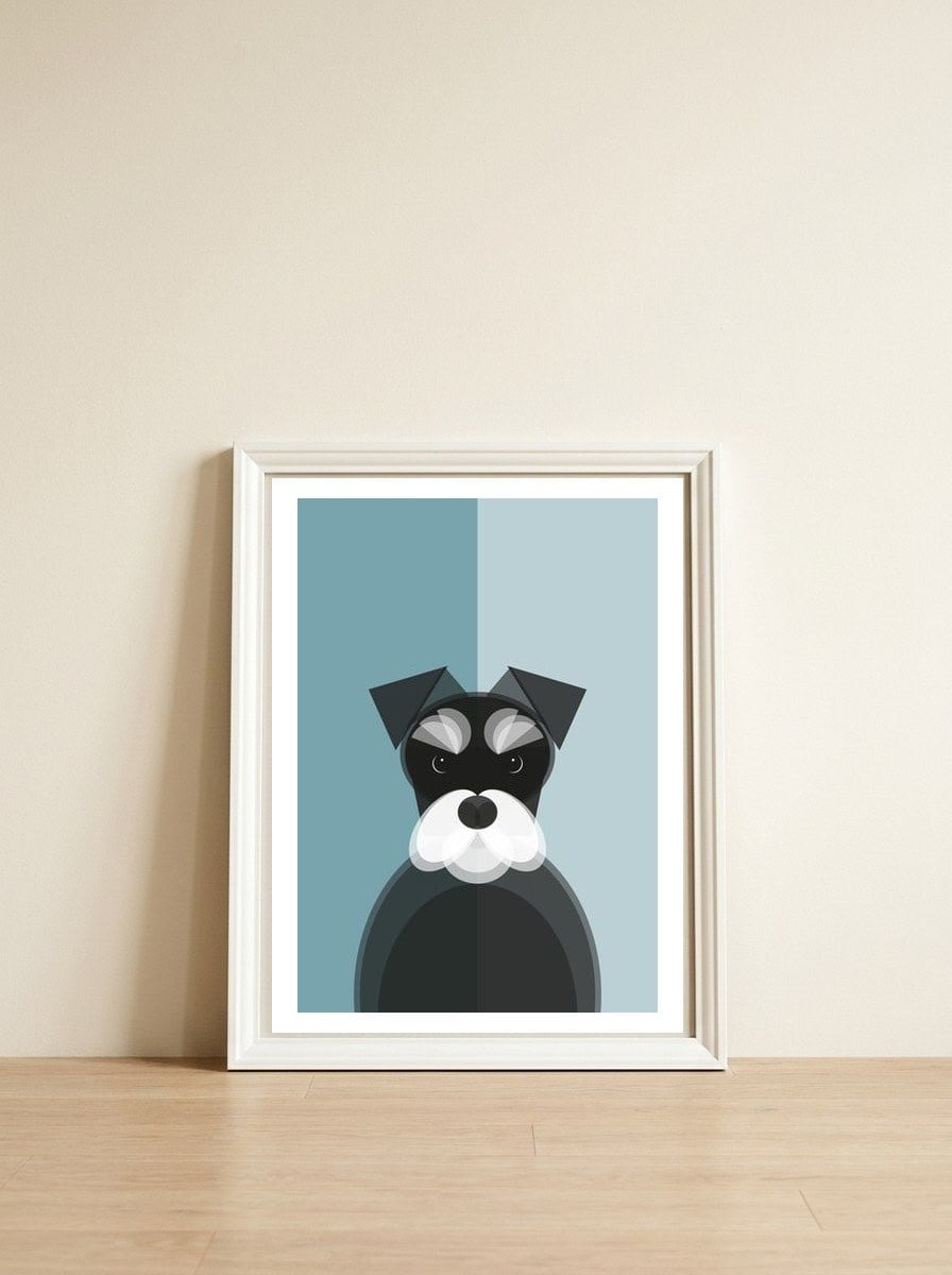 Mid Century Geometric Miniature Schnauzer Dog — framed, leaning against the wall
