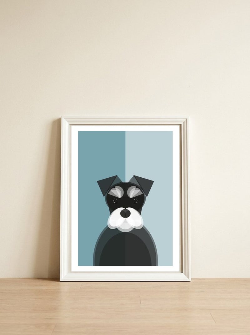 Mid Century Geometric Miniature Schnauzer Dog — framed, leaning against the wall