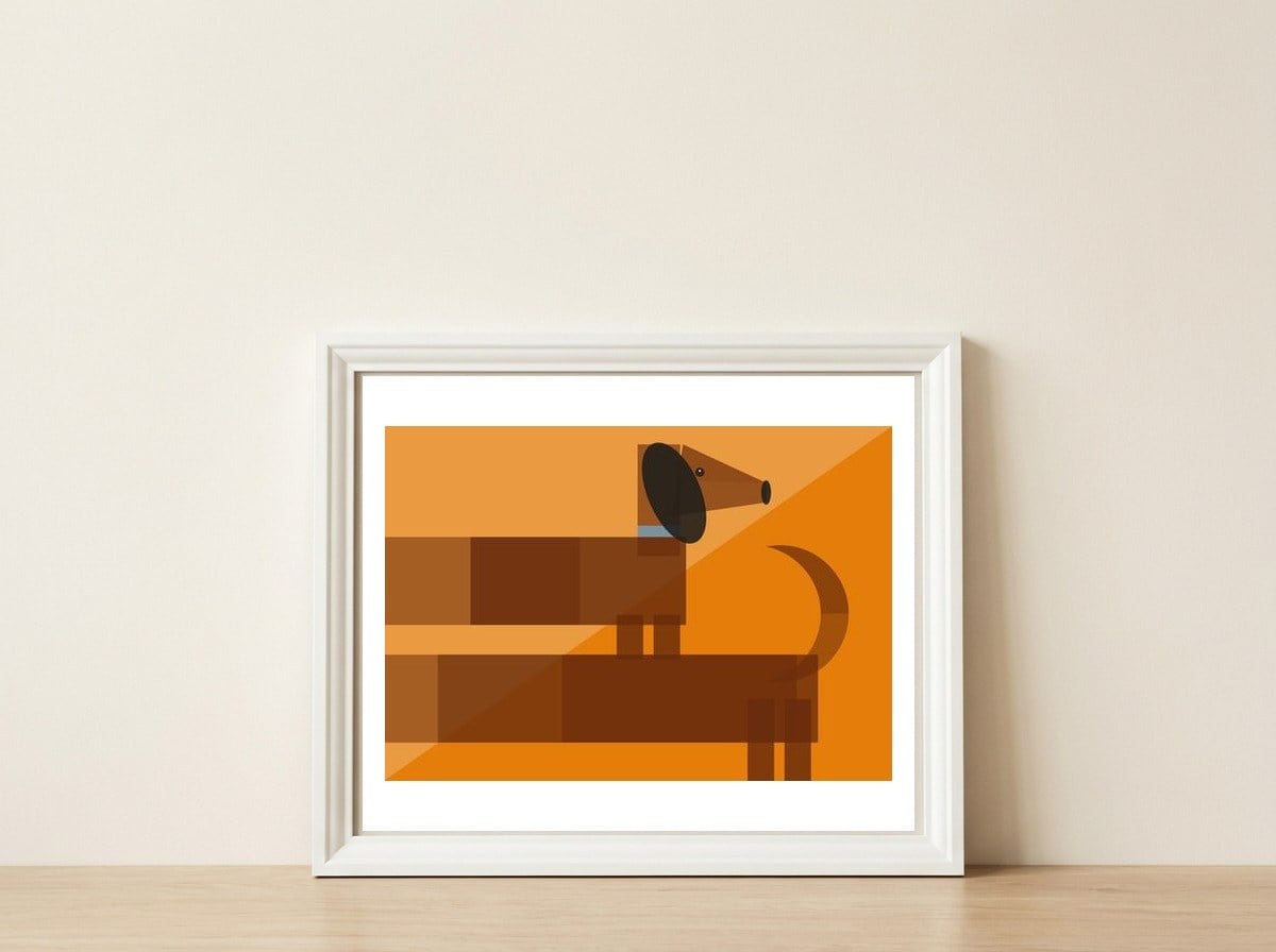Mid Century Geometric Sausage Dog Dachshund — framed, leaning against the wall