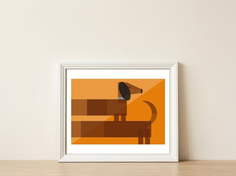 Mid Century Geometric Sausage Dog Dachshund — framed, leaning against the wall