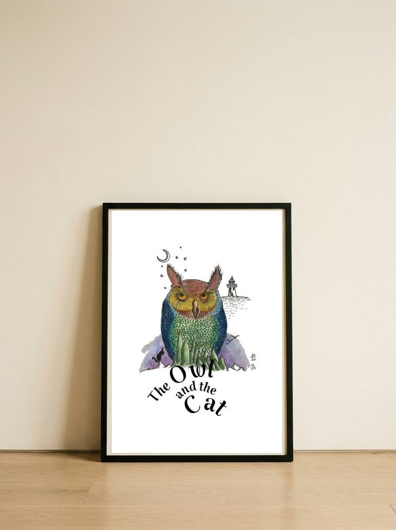 The Owl And The Cat — framed, leaning against the wall