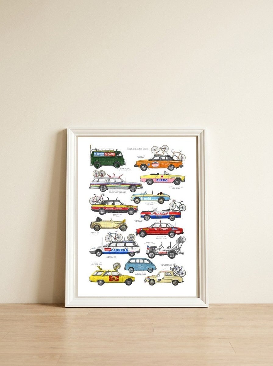 Bicycle Race Support Vehicles — framed, leaning against the wall