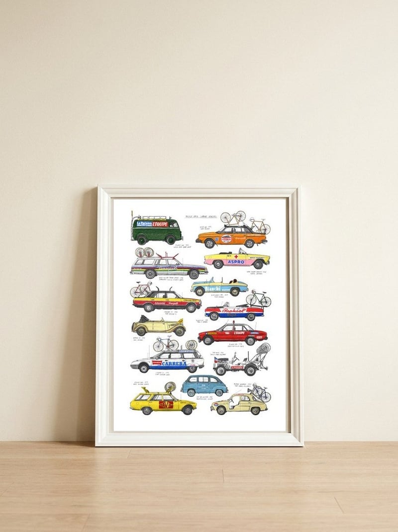 Bicycle Race Support Vehicles — framed, leaning against the wall