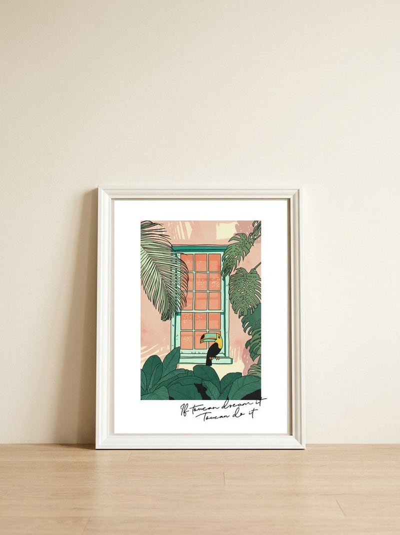 Toucan — framed, leaning against the wall