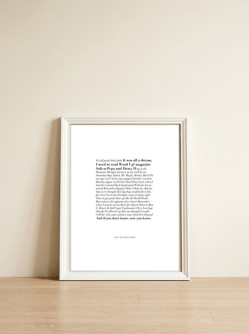 Biggie Juicy Lyrics — framed, leaning against the wall