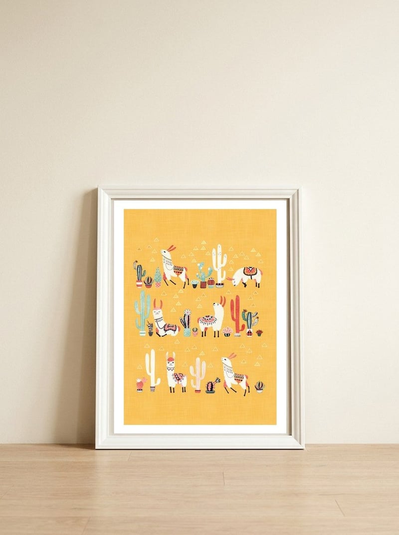 Happy Llama With Cactus In A Pot — framed, leaning against the wall