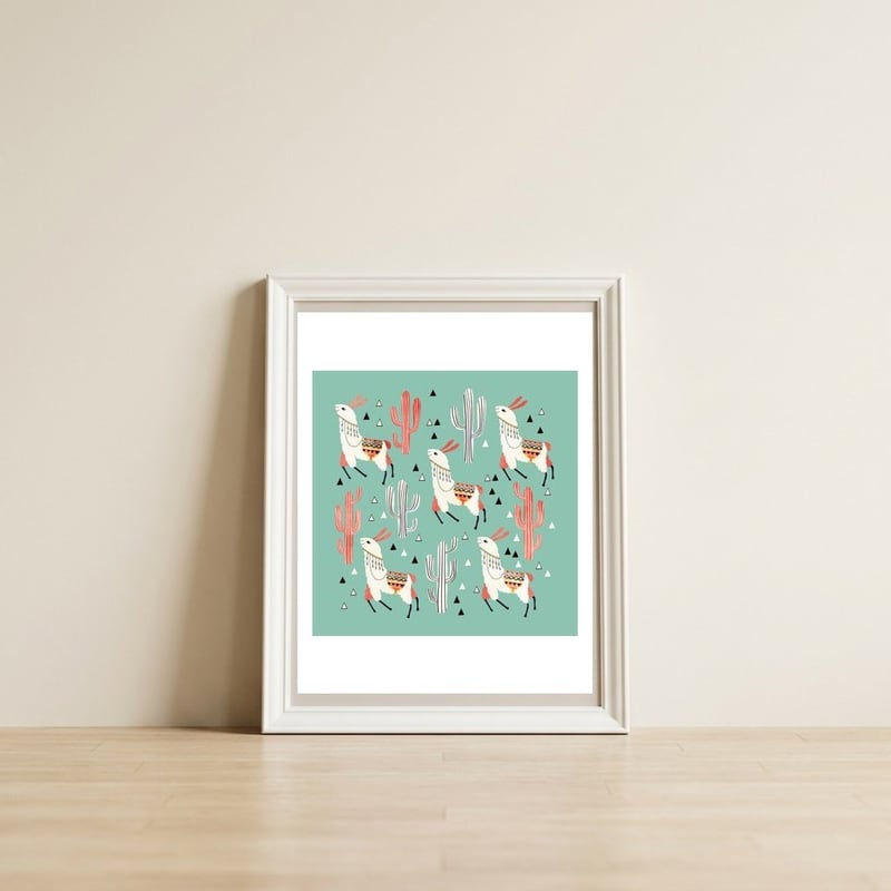Llama In Green Desert — framed, leaning against the wall