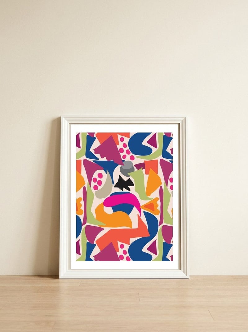 Black Fish Abstract Art — framed, leaning against the wall