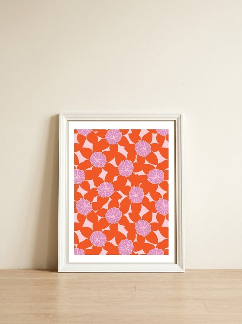 Purple Flower Pattern — framed, leaning against the wall