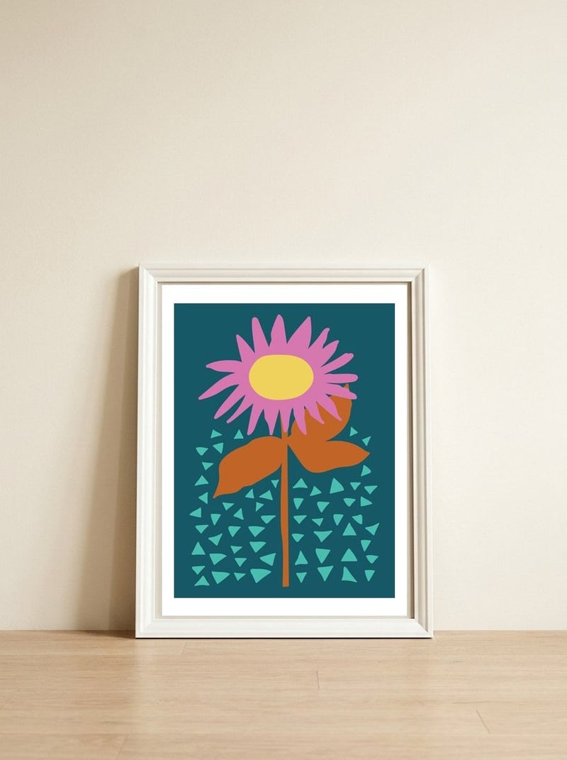 Pink Flower on Teal  — framed, leaning against the wall