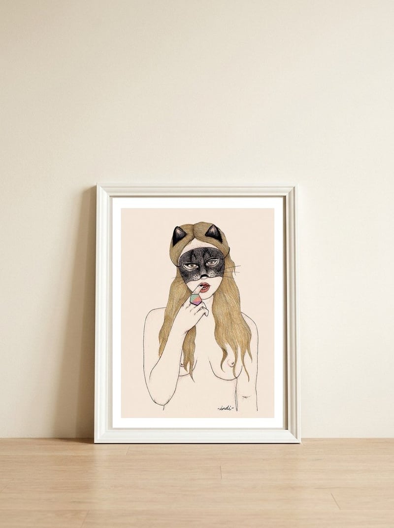 Cat — framed, leaning against the wall
