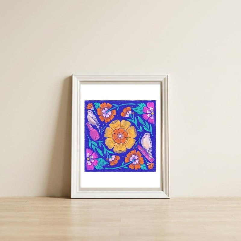 Flores — framed, leaning against the wall