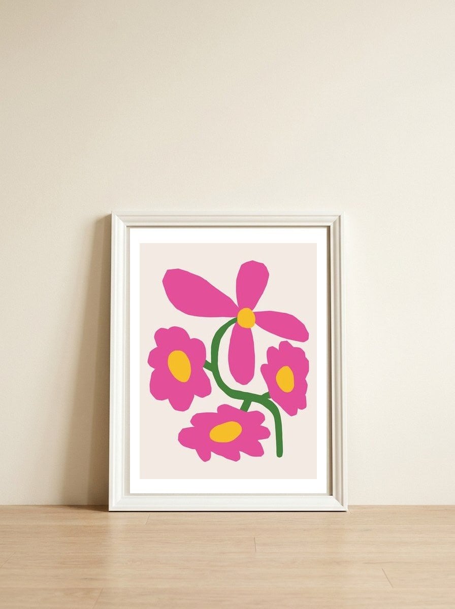 Pink Retro Cut Out Flower — framed, leaning against the wall
