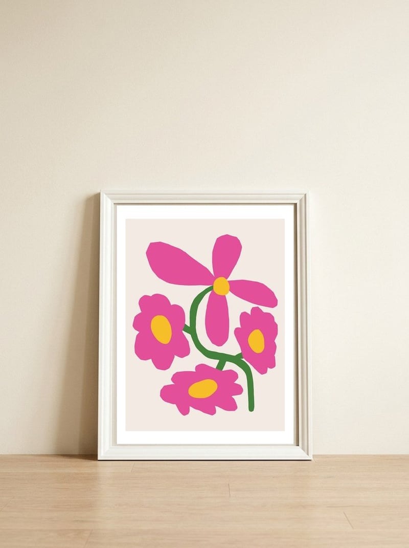 Pink Retro Cut Out Flower — framed, leaning against the wall
