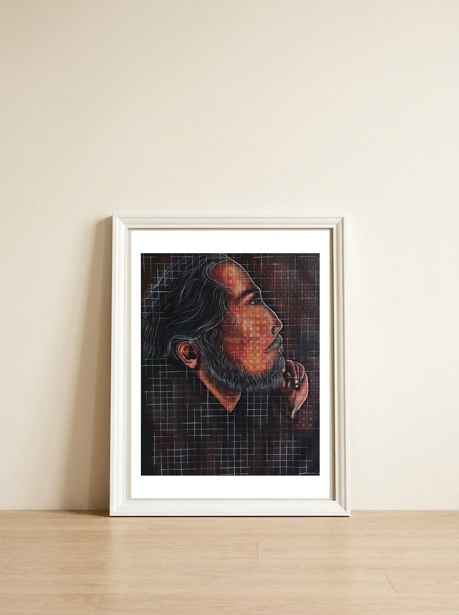 Let Me Think — framed, leaning against the wall