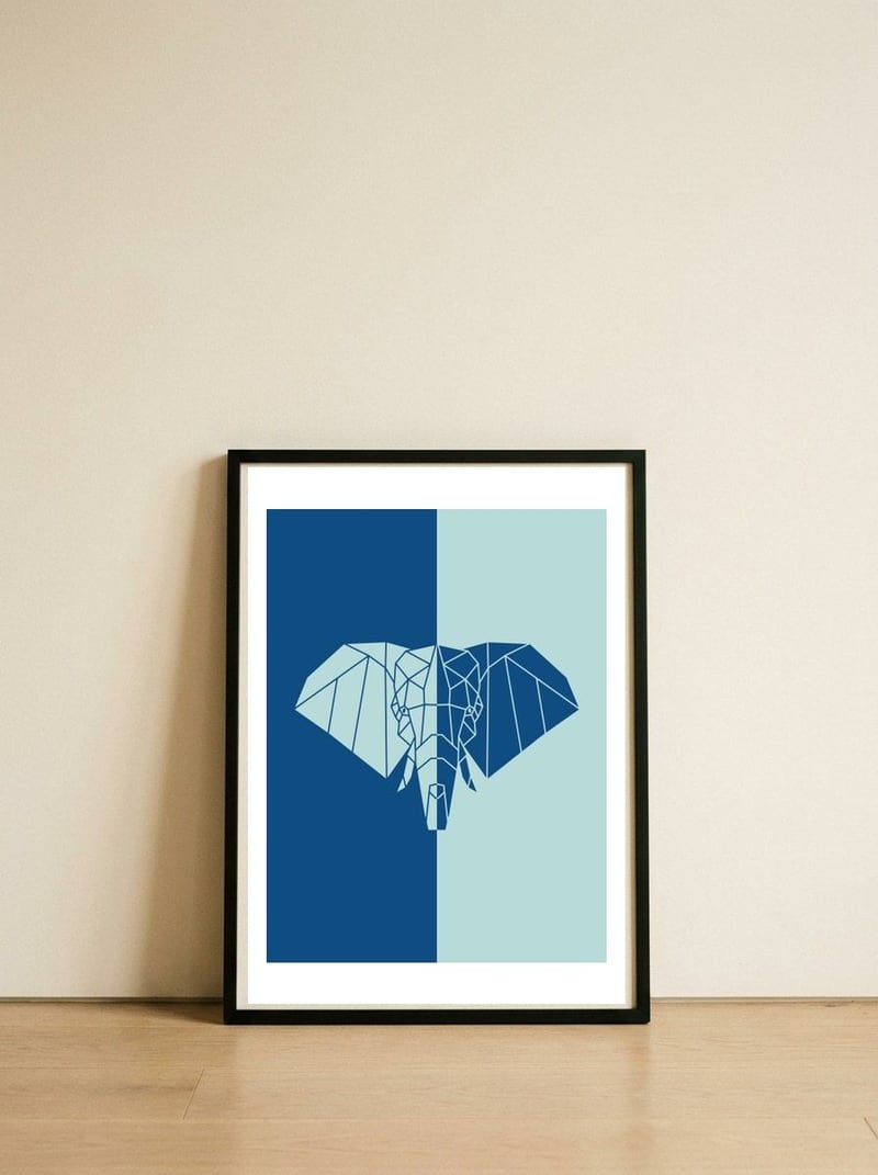 ELEPHANT IN BLUE ! POLYGON ART — framed, leaning against the wall