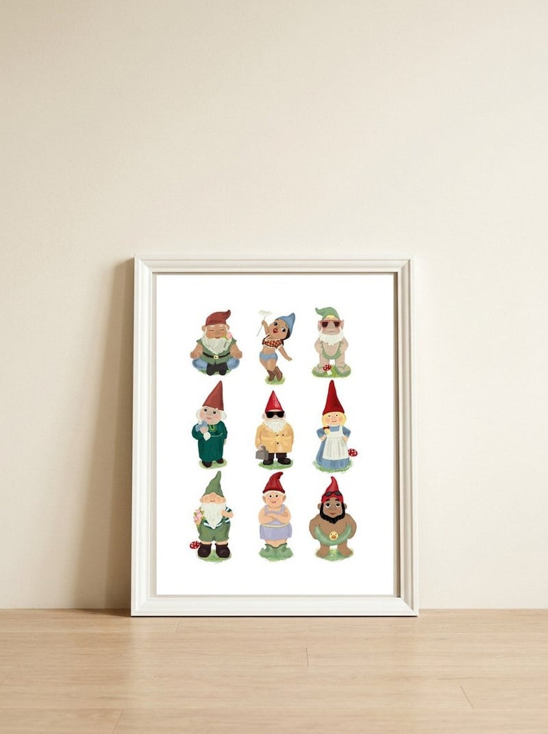 Garden Gnomes — framed, leaning against the wall