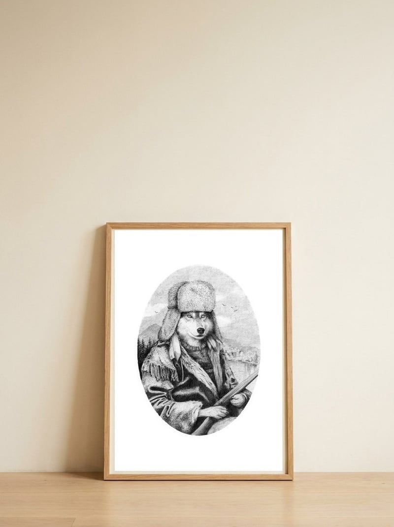 Mountain Wolf — framed, leaning against the wall