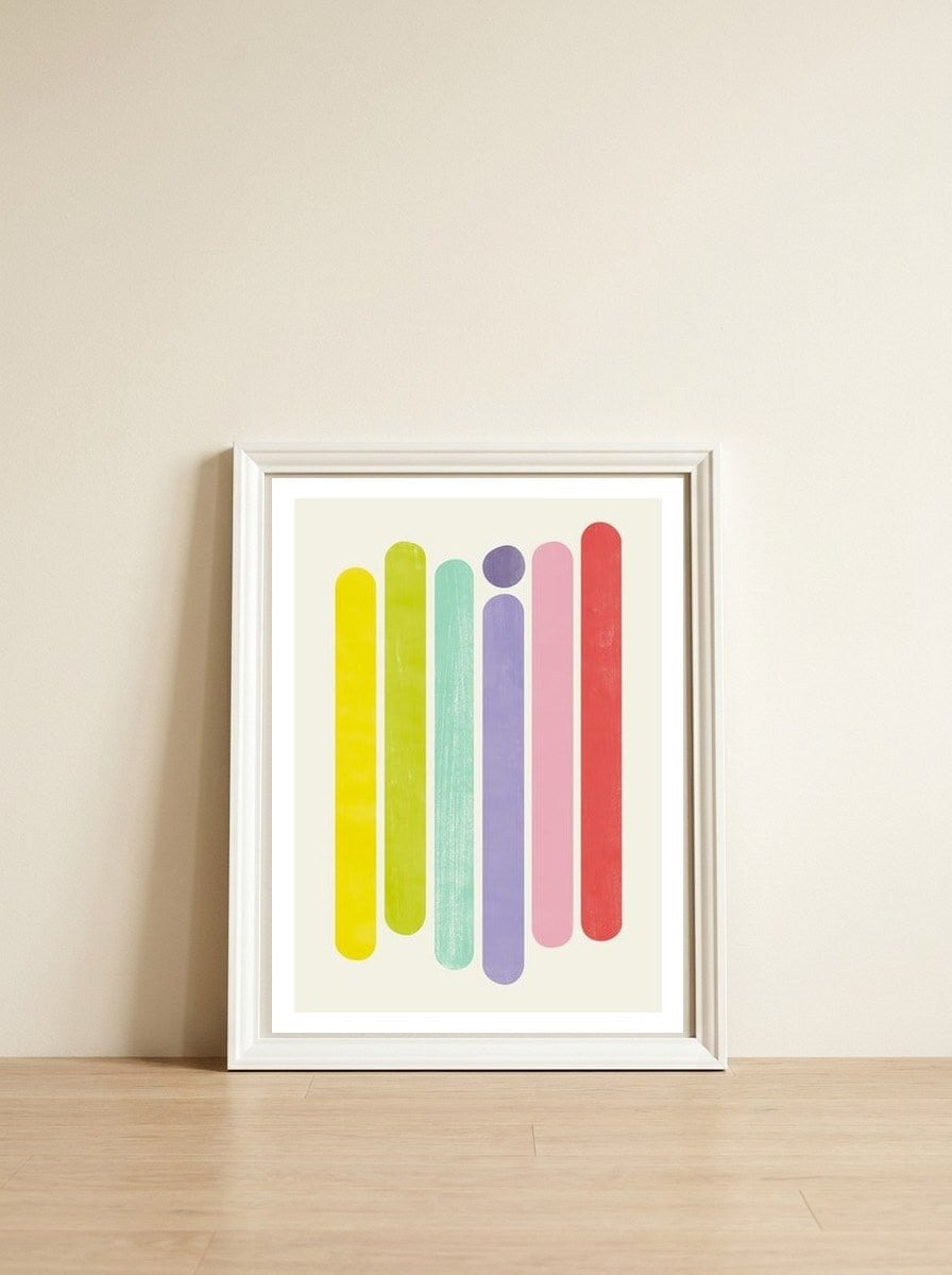 Rainbow Stripes — framed, leaning against the wall